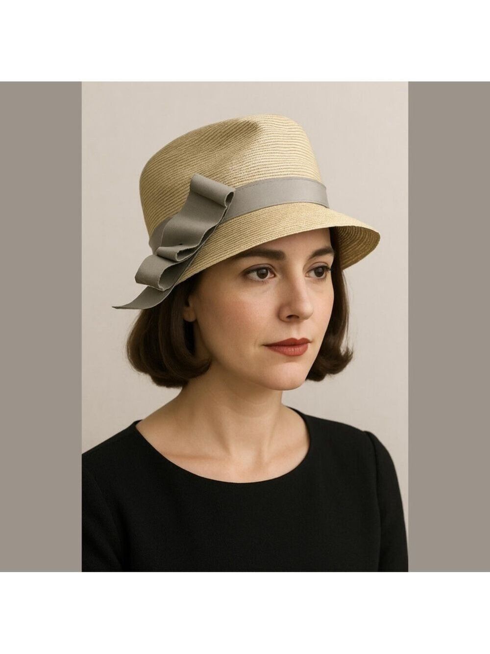 50s HYDE PARK BRETON STYLE HAT CREAM GRAY & METALLIC WOVEN SILVER MCM RETRO